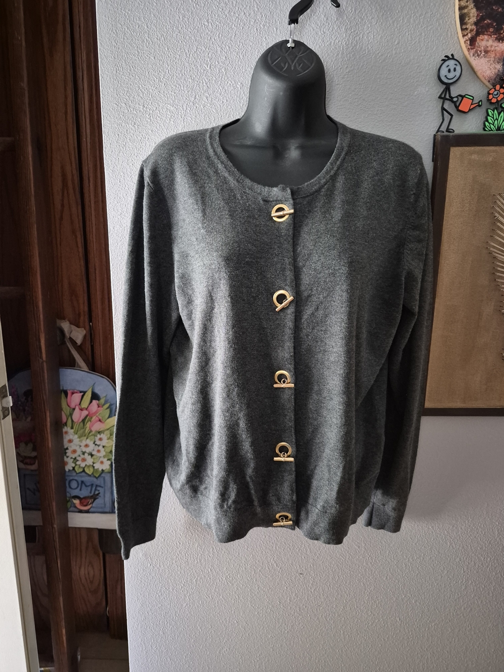 Ellen Tracy Charcoal Gray Cardigan with Gold Accent Toggle Buttons